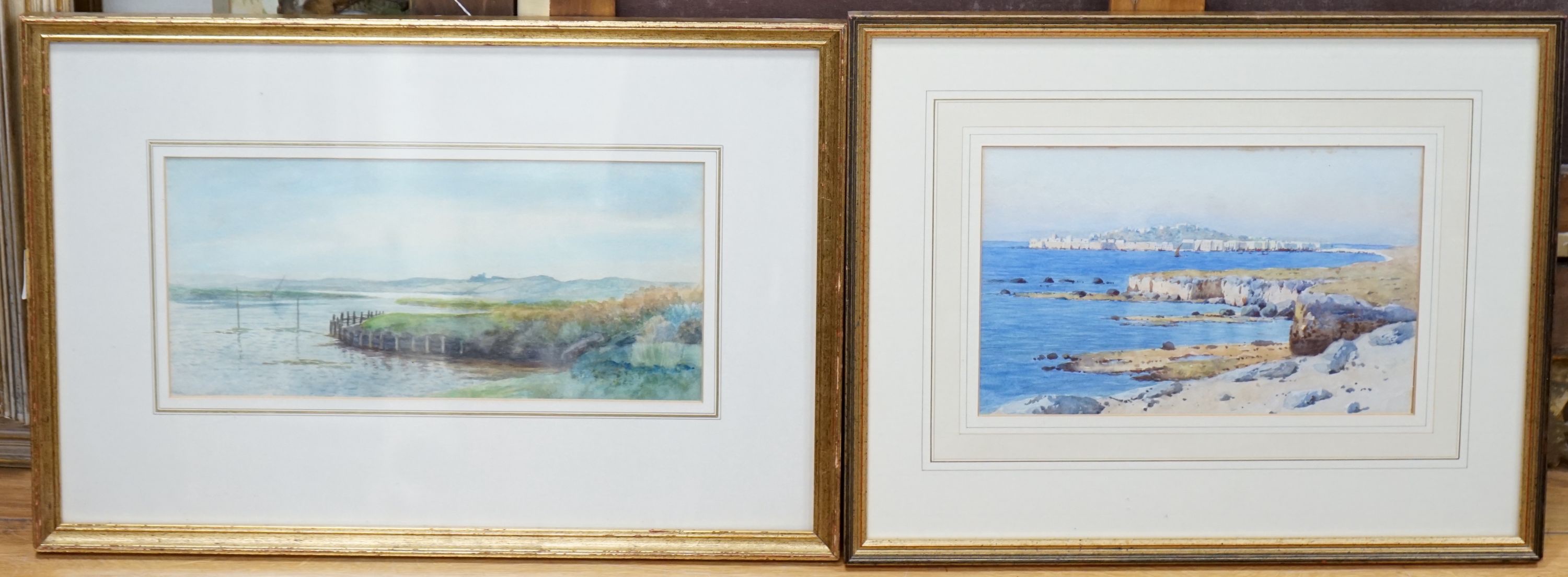Charles Saunders, watercolour, 'Creek', label verso, 15 x 34cm and another watercolour of a Mediterranean coastal scene, 17 x 28cm